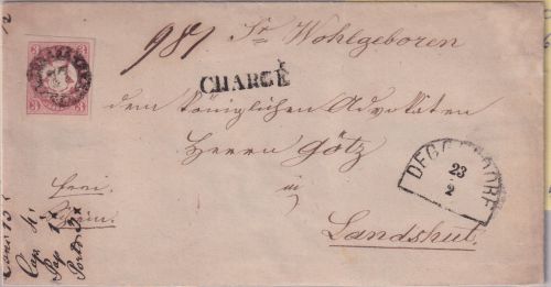 Bayern - 3 Kr. Wappen geschn. Chargebrief n Landshut gMR 77 Deggendorf 23/2 1868