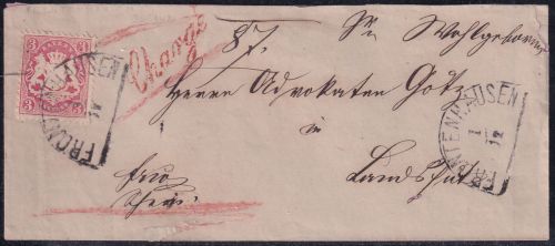 Bayern - 3 Kr. Wappen gez. Chargebrief n. Landshut HKS Frontenhausen 1/12
