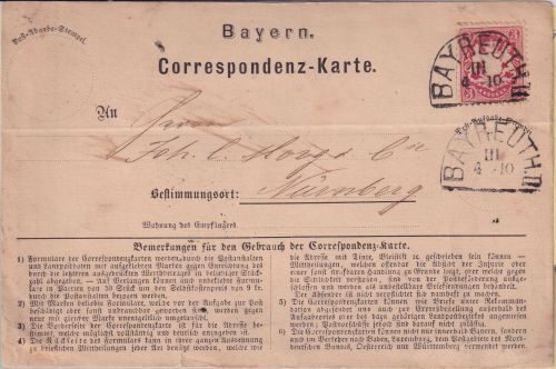 Bayern - 3 Kr. Wappen gez. Correspondenzkarte HKS Bayreuth 4/10 (1870)