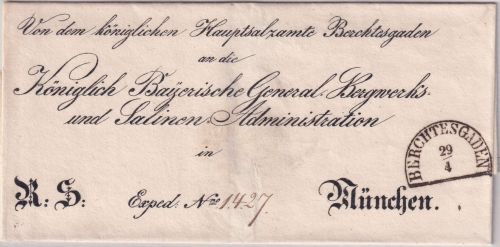 Bayern - Berchtesgaden 29/4 HKS Dienstbrief (Hauptsalzamt) n. München 1853
