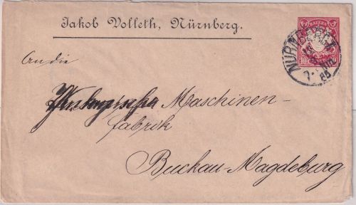 Bayern - 10 Pfg. Wappen Privat-GU "Jakob Volleth" Nürnberg - Buckau 1885