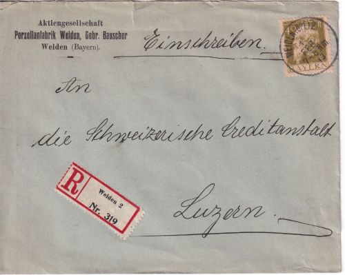 Bayern/Schweiz - 40 Pfg. Luitpold Type I Einschreibebrief Weiden 2 - Luzern 1913