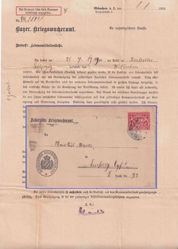 Bayern - 15 Pfg. Staatswappen Dienstbrief Kriegswucheramt München 1919