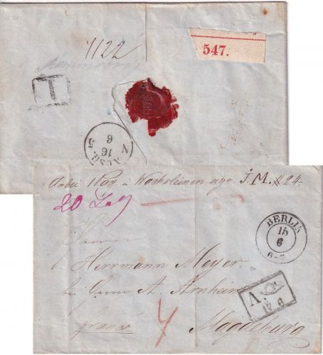 Preussen - Berlin 15/6 K2 Paketbegleitbrief (20 Loth) n. Magdeburg ca. 1860