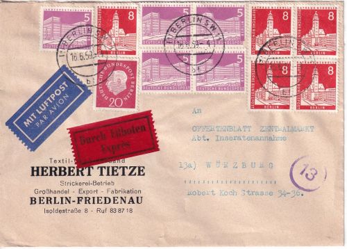 Berlin 8+5 Pfg. Stadtbilder 4er-Blöcke u.a. Lupo-Eilbrief SW11 - Würzburg 1959