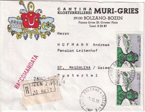 Italien - 2x90 L. 100 J. Alpini illustr. Firmenbrief/Einschreiben Bozen 1973