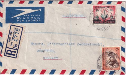 Südafrika - 1 Sh. 6 P. u.a. Aloe Luftpost-Einschreibebrief Cape Town 1955