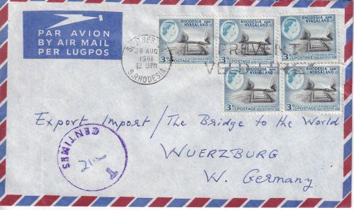 Zentralafrik. Föderation - 5x3 P. Freimarke Luftpostbrief Southerton 1961