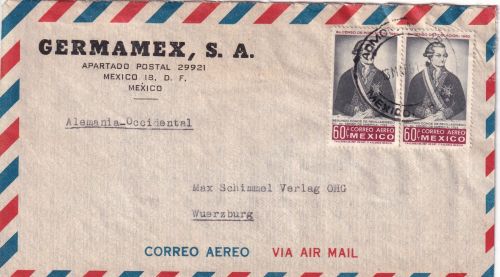 Mexiko - 2x60 C. Volkszählung Luftpostbrief Mexico City - Würzburg 1961