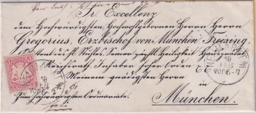 Bayern - 3 Kr. Wappen gez. Bischofsbrief (Gregorius) K1 Neumarkt a/R - München