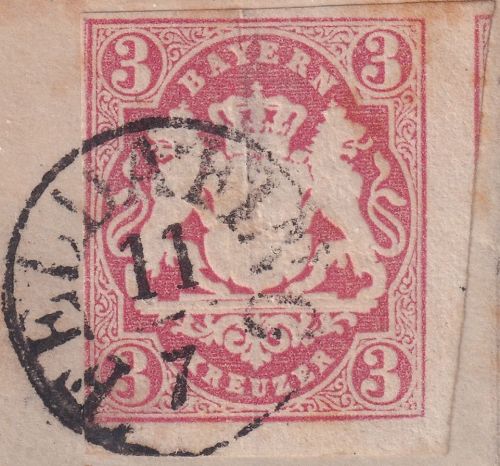 Bayern - 3 Kr. Wappen geschn. Fingerhut-K1 Feldafing 11/7 Briefstück