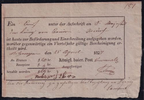 Bayern - Kitzingen 1827 Aufgabeschein f. Chargebrief an den König von Bayern