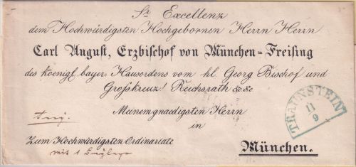 Bayern - Traunstein 11/9 blauer HKS Bischofsbrief (Carl-August) n. München 1847