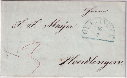 Bayern - Oettingen 16/7 blauer HKS Portobrief n. Nördlingen 1847
