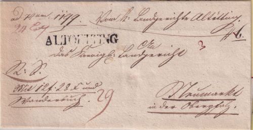 Bayern - Altoetting L1 Fahrpostbrief (Geldsendung u. Wanderbuch) ca. 1830/40