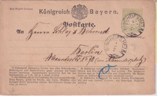 Bayern - Bischofsheim 4/7 Zier-K1 2 Kr. Ganzsache n. Berlin 1874