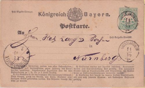 Bayern - Grosslangheim 11/10 Zier-K1 2 Kr. Ganzsache n. Nürnberg 1875