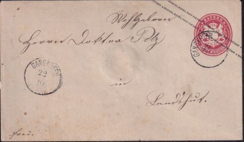 Bayern - 3 Kr. Ganzsache/Brief n. München 22mm-K1 Gangkofen 22/10 (1869)