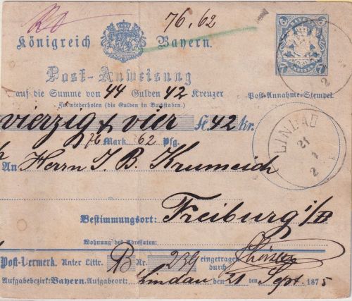 Bayern - 7 Kr. Ganzsache/Postanweisung K1 Lindau 21/9 - Freiburg i.B. 1875