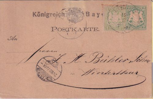 Bayern/Schweiz - 2 Kr. Ganzsache + 1 Kr. gez. K1 Lindau - Winterthur 1875