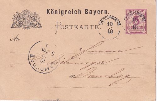 Bayern - Grosslangheim 10/10 22mm-K1 5 Pfg. Ganzsache n. Bamberg 1883