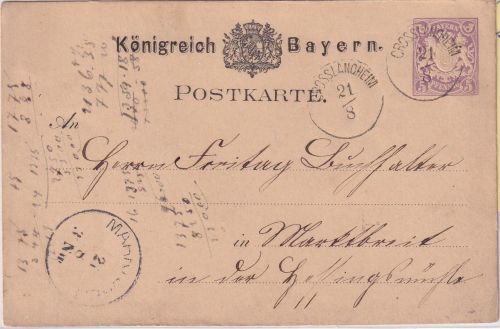 Bayern - Grosslangheim 21/8 22mm-K1 (Typ 17) 5 Pfg. Ganzsache n. Marktbreit 1880