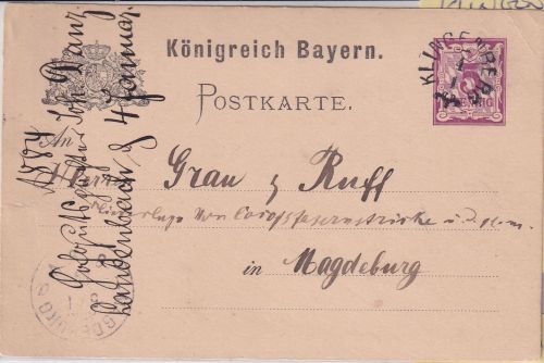 Bayern - Klingenberg 4/1 22mm-K1 (Typ 18b) 5 Pfg. Ganzsache n. Magdeburg 1883