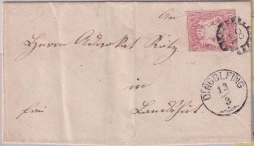 Bayern - 3 Kr. Wappen geschn. Brief gMR 87 Zier-K1 Dingolfing 13/3 (1869 !!)