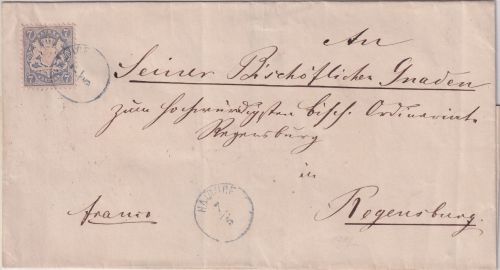 Bayern - 7 Kr. Wappen gez. Bischofsbrief n. Regensburg viol. 22mm-K1 Haidhof 7/5