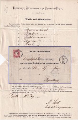 Bayern - 3 Kr. Wappen gez. Brief n. Regensburg Zier-K1 Furth i.W. 18/12 (1870)