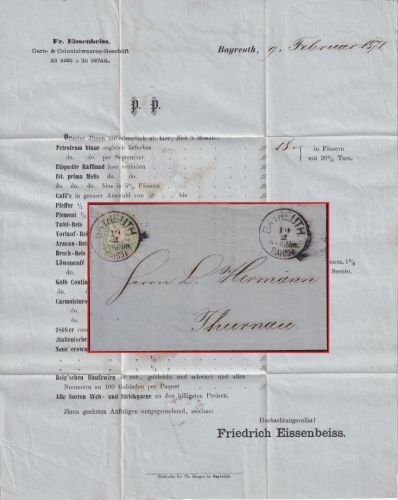 Bayern - 1 Kr. Wappen geschn. c-Farbe ! Drucksache K1 Bayreuth Bahnh. 10/2 1871