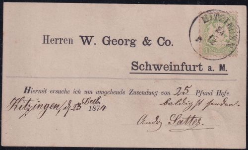 Bayern - 1 Kr. Wappen gez. Firmenpostkarte K1 Kitzingen Schweinfurt 24/12 (1874)