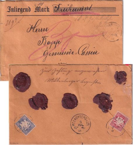 Bayern - 10+20 Pfg. Wappen Wertbrief Obernburg - Mönchberg 1898