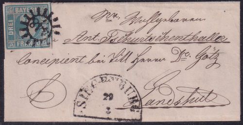 Bayern - 3 Kr. Quadrat Brief gMR 448 Siegenburg 29/3 - Landshut (1852)