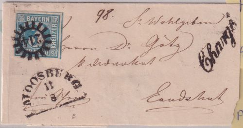 Bayern - 3 Kr. Quadrat Chargebrief gMR 214 Moosburg 11/8 - Landshut (1853)