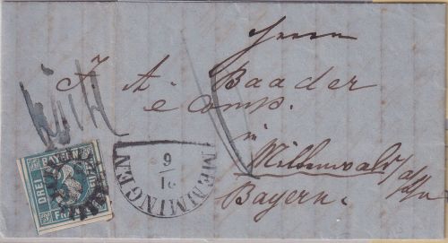 Bayern - 3 Kr. Quadrat Brief gMR 311 Memmingen 21/6 - Mittenwald 1860 Nachporto