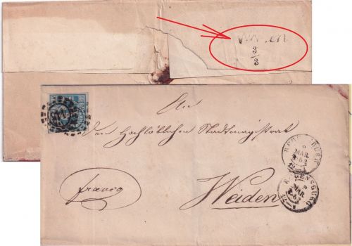 Bayern - 3 Kr. Quadrat Brief oMR 418 Regensburg - Weiden (Aush.stpl.) 1862