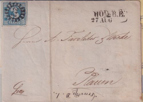Bayern/Sachsen - 3 Kr. Quadrat Brief gMR 211 L2 Hof B.E. - Plauen (1859)