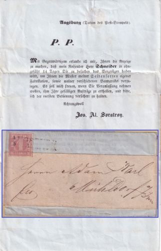 Bayern - 1 Kr. Quadrat rosa Drucksache L2 Augsburg 5. MAI (1856 ?) n. Mühldorf