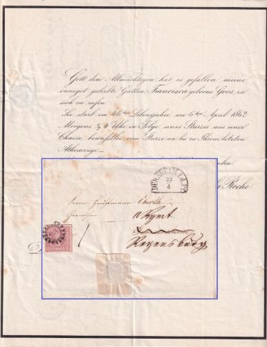 Bayern - 1 Kr. Quadrat rosa Drucksache/Traueranzeige gMR 93 Dürkheim 22/4 (1862)