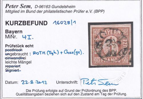 Bayern - 6 Kr. Quadrat braun Platte I Fingerhut K1 Roth + L1 "Charge" KB Sem BPP