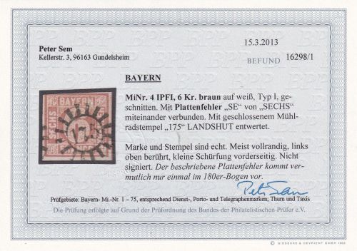 Bayern - 6 Kr. Quadrat braun Platte I Plattenfehler ! gMR 175 (Landshut)