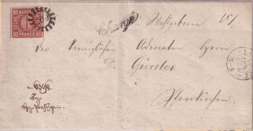 Bayern - 6 Kr. Quadrat braun Chargebrief gMR 269 OPA Landshut 28. JUN 1859
