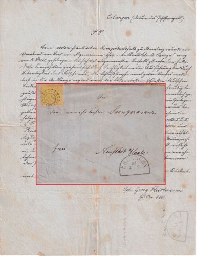 Bayern - 1 Kr. Quadrat gelb Drucksache oMR 114 Erlangen 3/9 - Neustadt a/S 1863