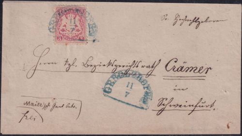Bayern - 3 Kr. Wappen gez. Brief blauer HKS Gerolzhofen 11/7 n. Schweinfurt