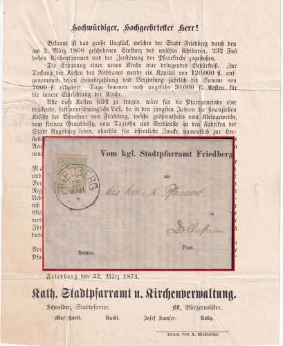 Bayern - 1 Kr. Wappen gez. Drucksache K1 Friedberg 26. MAR - Dollnstein 1874