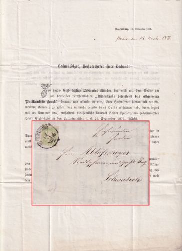 Bayern - 1 Kr. Wappen gez. Drucksache Regensburg - Schwabach 1871