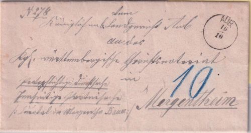 Bayern/Württemberg - Aub 16/10 kl. K1 Typ 17 Dienstbrief n. Mergentheim 1876