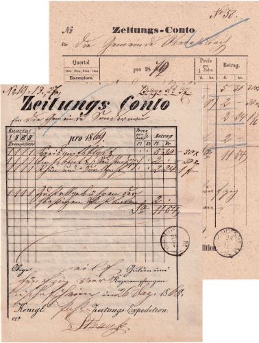 Bayern - Bischofsheim schwarzer Zier-K1 Typ 18 2 versch. Zeitungs-Konten 1868/69