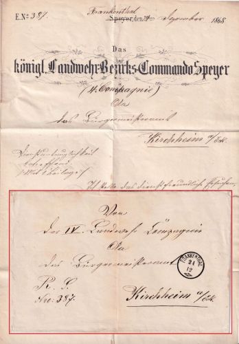 Bayern - Frankenthal 24/12 schwarzer Zier-K1 Typ 18a Militariabrief 1868 Inhalt!